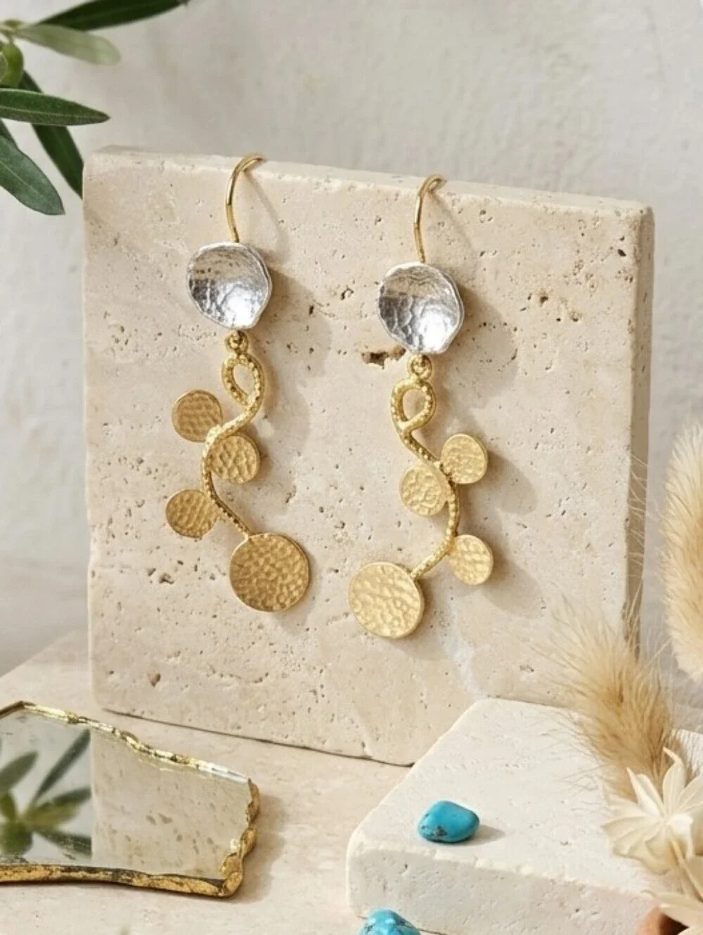 18K Gold Plated Brass Turkish Two Tone Hammered Vine Drop Earrings 3